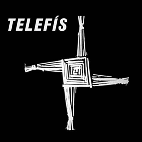 Black background with white text “TELEFÍS” and a sketched cross design.