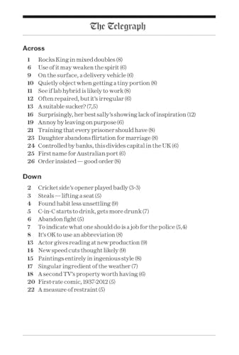 Page from “The Telegraph Large Print Cryptic Crosswords 1” showing clues.