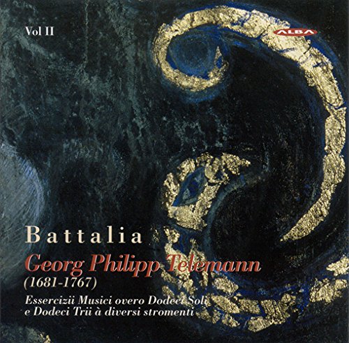"CD cover with abstract green and gold design, featuring 'Battalia' and 'Georg Philipp Telemann'."