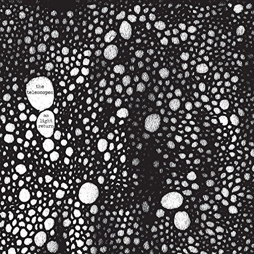 The image depicts a black background with white circles of varying sizes, featuring text. alt text: Black album cover with white circles and text "the telescopes as light return".