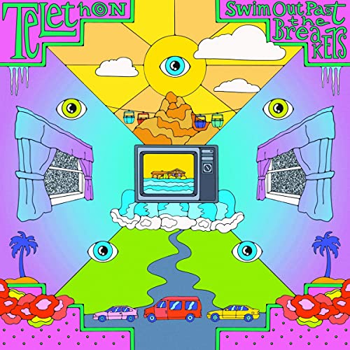 Album cover: colorful, surreal landscape with eyes, sun, and vehicles.