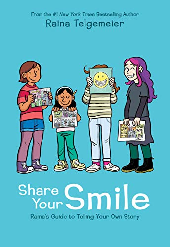 Book cover with four cartoon children holding comic books, title "Share Your Smile.