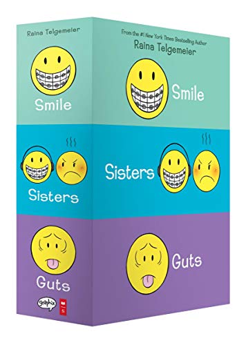 Box set of three graphic novels, "Smile," "Sisters," and "Guts," with cartoon faces.