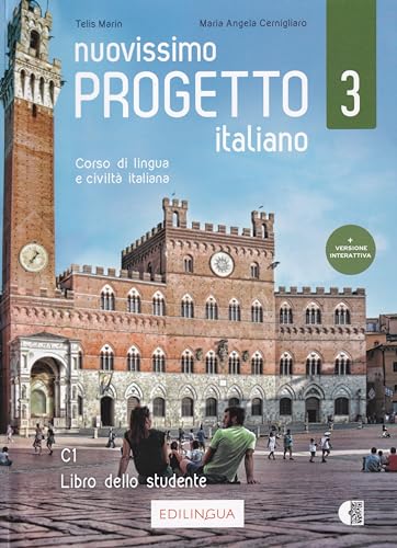 Italian language textbook cover with a tower and people in a square.