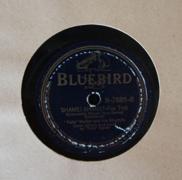 Dark blue vinyl record label with white text and central spindle hole.
