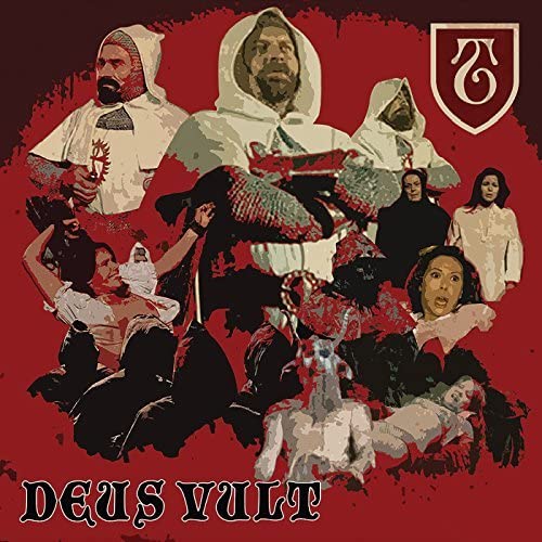 Red album cover depicting hooded figures, faces, and a goat in collage style.