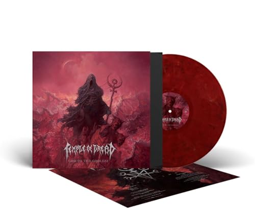 Red and white vinyl record with dark, dramatic album artwork.