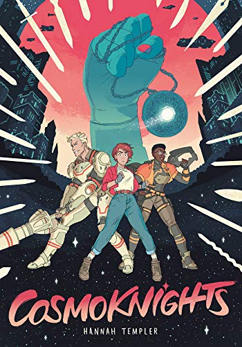 Three characters stand before a giant glowing fist against a red and black background.