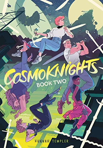 Five characters float in a stylized space scene with swords against a yellow background.