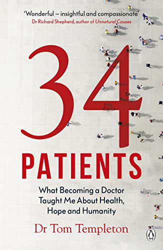 Book cover for "34 Patients" with large red numbers and tiny figures.