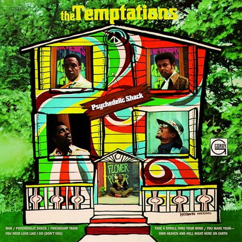 The Temptations’ “Psychedelic Shack” vinyl album cover with colorful, illustrated house.
