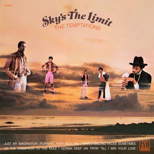 The Temptations' "Sky's The Limit" vinyl album cover with five men in a landscape.