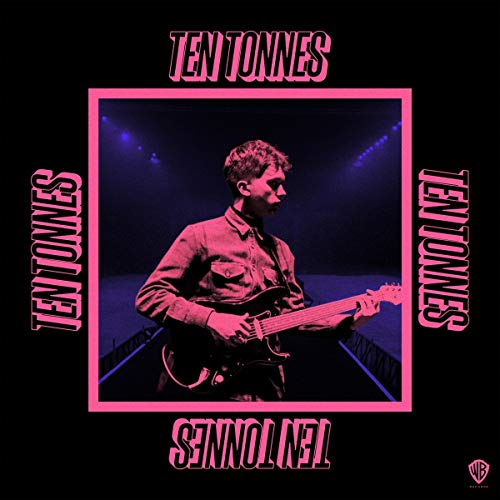 Album cover with a man playing guitar, pink text and border on a black background.
