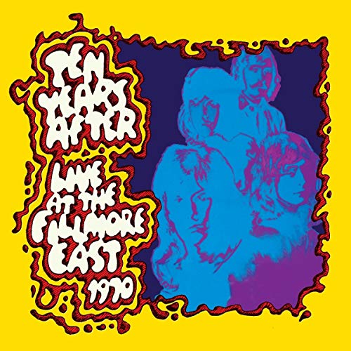 Album cover with psychedelic border, blue-toned figures, and stylized white text on purple background.