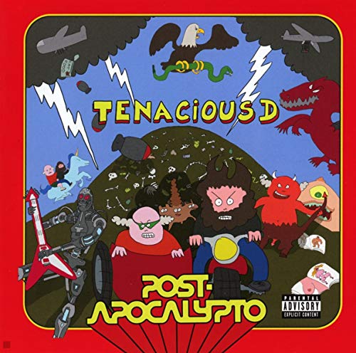 “Post-Apocalypto” CD cover: chaotic cartoon scene with Tenacious D and destruction.