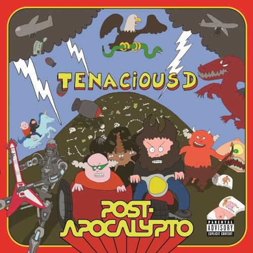 Cartoon illustration of Tenacious D characters, monsters, and a robot on a post-apocalyptic background.