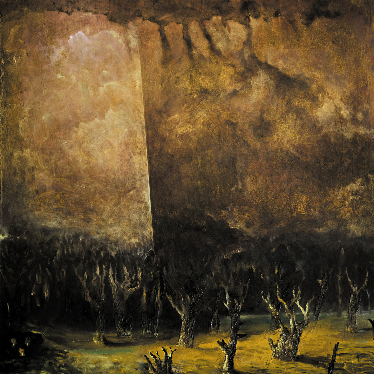 Dark, textured painting of a barren landscape with a bright vertical light.