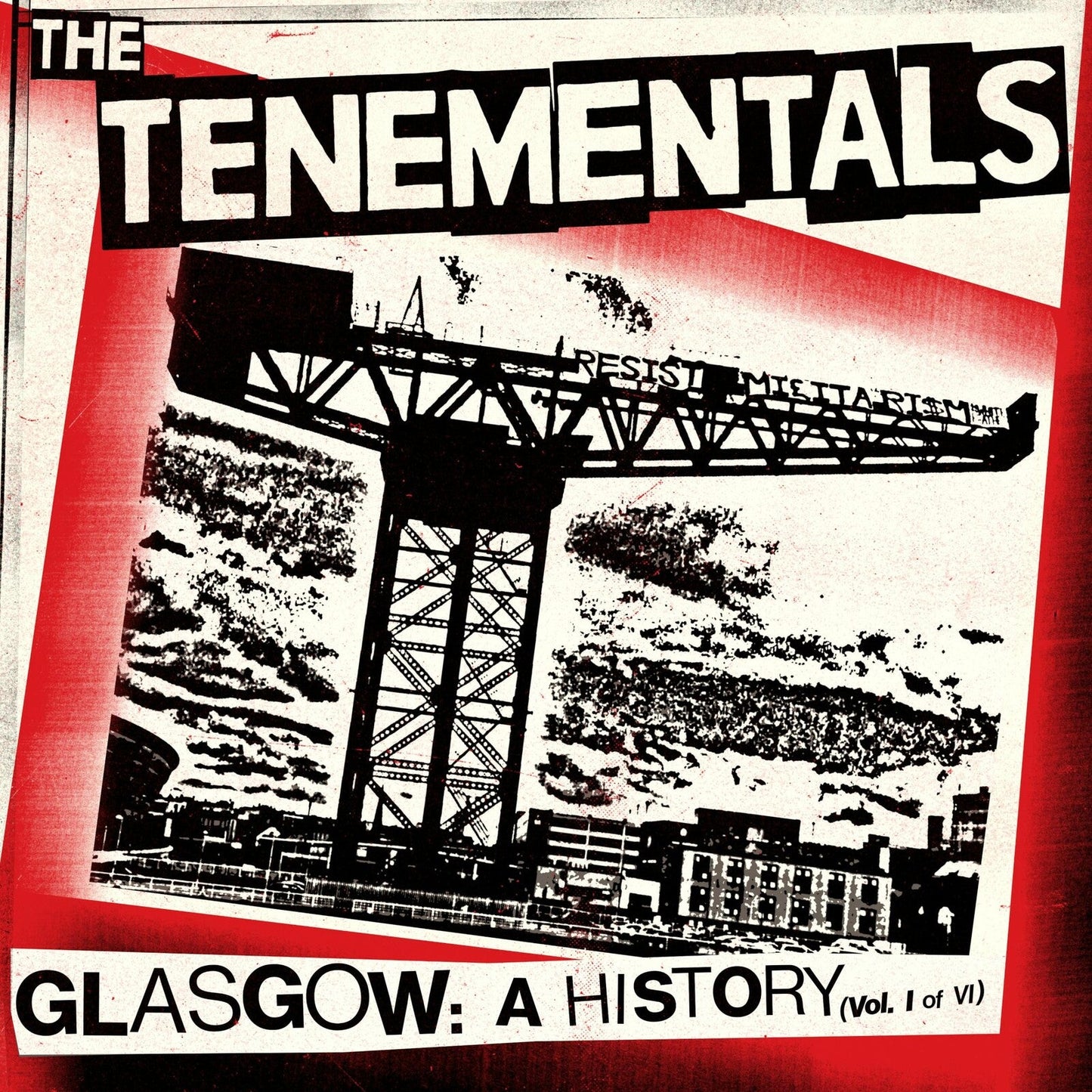 Vinyl record cover: black and white image of a Glasgow crane and buildings.