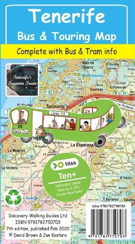 Tenerife bus and touring map cover with illustrated bus and map background.