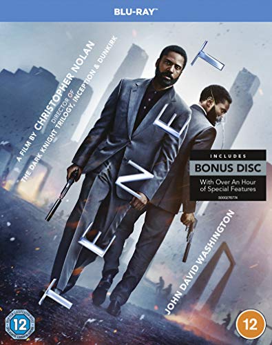 Blu-ray cover for Tenet featuring two men in suits holding guns against city background.