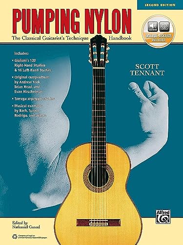 Book cover titled Pumping Nylon featuring a classical guitar and a muscular arm silhouette.
