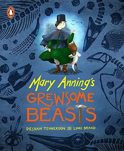 Book cover featuring Mary Anning with a dog, surrounded by fossil illustrations.