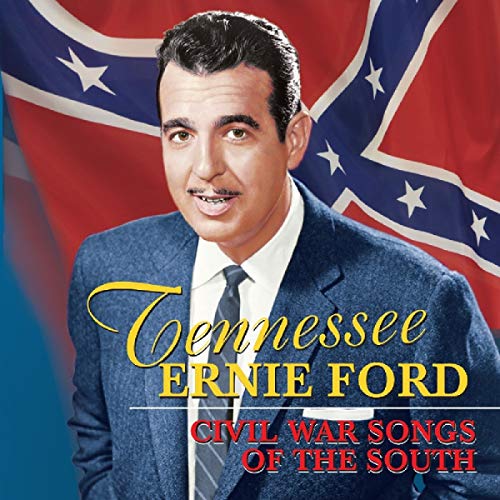 Tennessee Ernie Ford in a suit against a Confederate flag background.