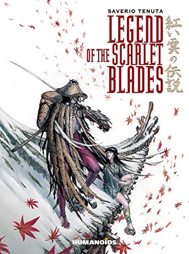 A samurai and a woman stand on a snowy roof amidst falling red maple leaves.