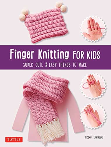 Book cover showing pink finger-knitted items and hand-knitting instructions.