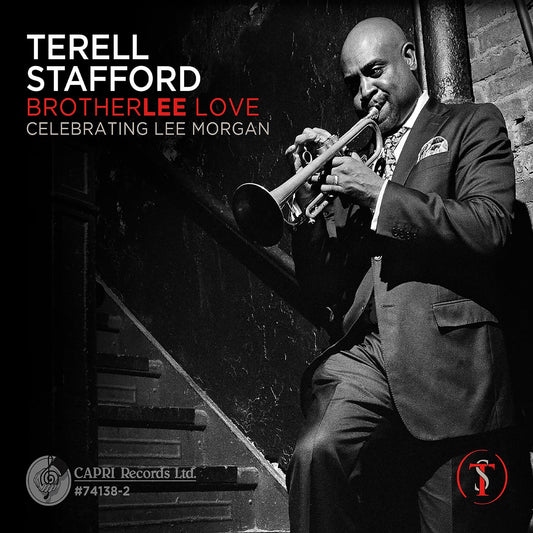Black and white CD cover featuring trumpeter Terell Stafford on stairs.