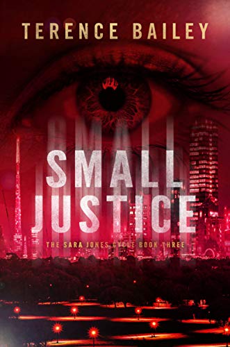 Book cover: close-up of an eye over a city skyline, red tones.
