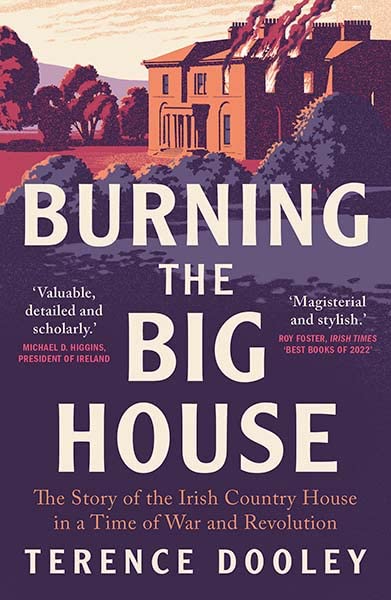 Book cover depicting a burning Irish country house with large white text.
