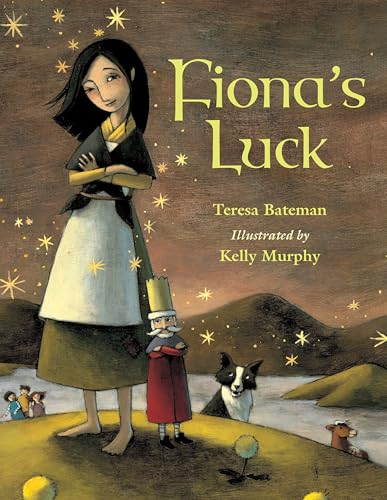 Book cover: tall woman, small boy with crown, dog, and starry sky.
