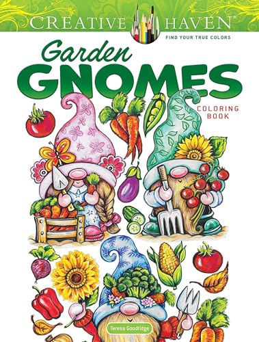 Cover of a coloring book featuring whimsical garden gnomes and vegetables.