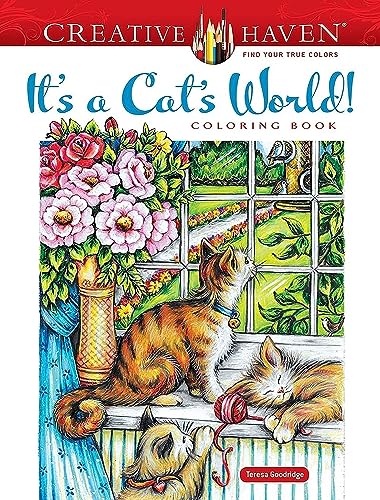 Coloring book cover with cats looking out a window, flowers, and detailed line art.