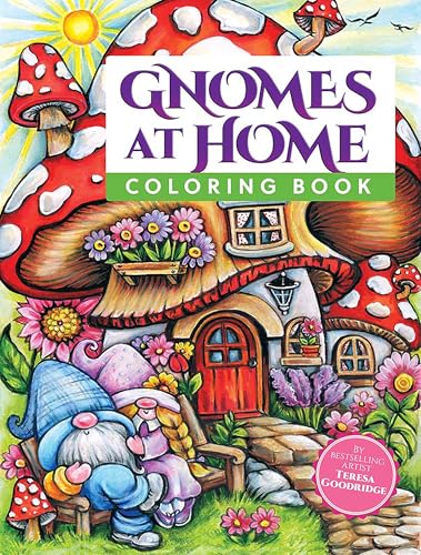 Coloring book cover depicting gnomes and mushroom houses with flowers.