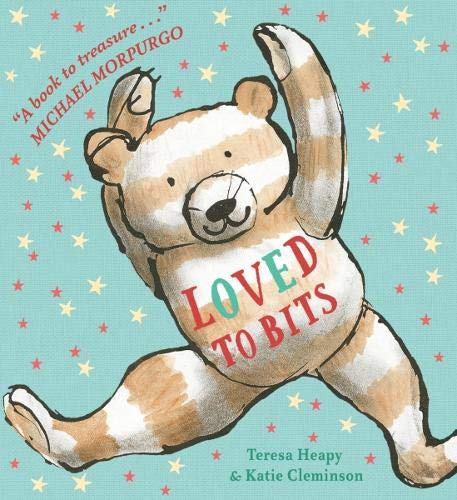 Illustration of a striped, patched teddy bear raising one paw on a teal background.