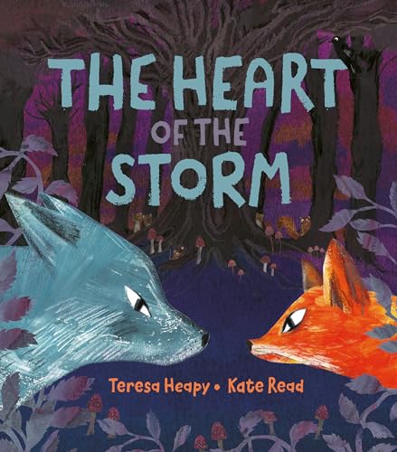 A blue wolf and an orange fox face each other in a dark forest.