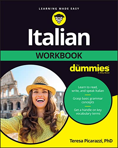 Book cover for Italian Workbook For Dummies featuring a smiling woman in a hat.