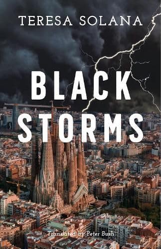 Book cover: “Black Storms” with a city skyline and lightning.