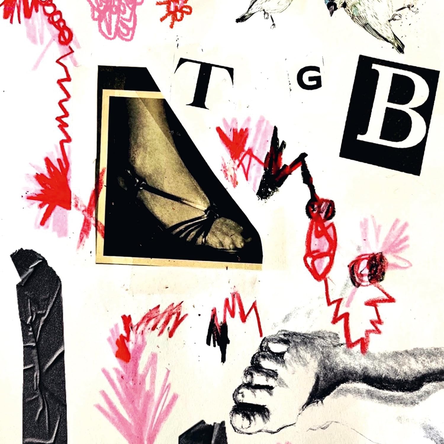 Collage with feet, red splashes, and bold letters “TGB” on white background.
