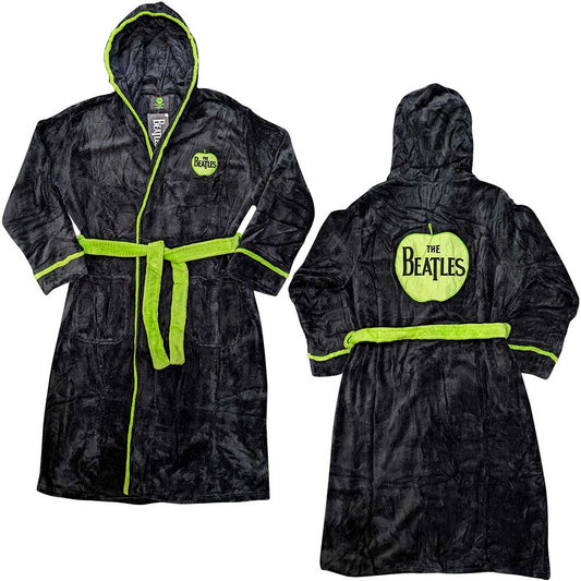 Black bathrobe with green trim and Beatles apple logo, size L.
