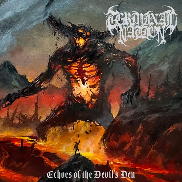 A giant, glowing demon looms over a small figure holding a sword in lava.