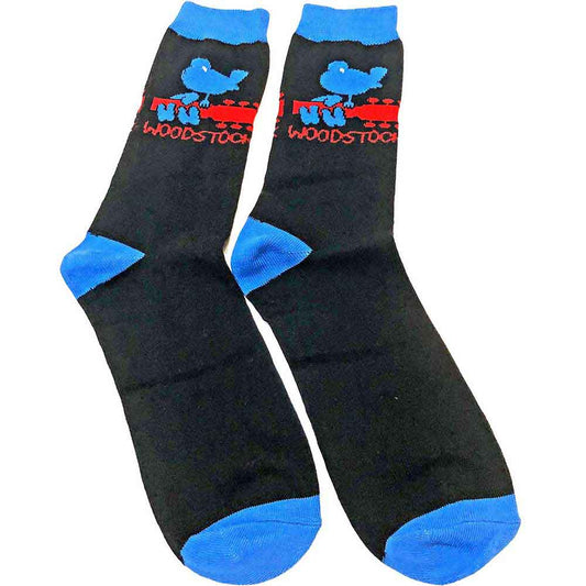Black sock with blue Woodstock character playing guitar, tag attached.