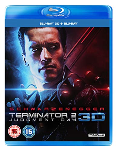 Terminator 2: Judgment Day 3D Blu-ray cover featuring Arnold Schwarzenegger with red and blue lighting.