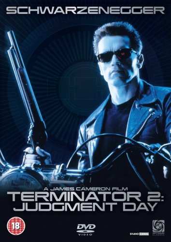 Terminator 2 DVD cover featuring Arnold Schwarzenegger in sunglasses holding a gun.
