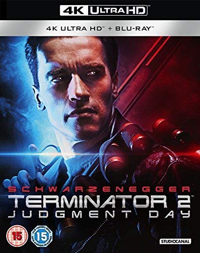Terminator 2 UHD Blu-ray cover featuring Arnold Schwarzenegger’s face and red accents.