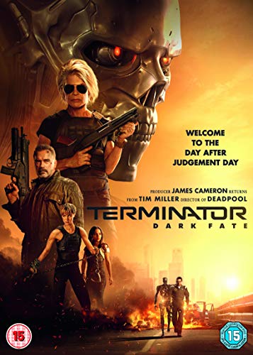 Terminator Dark Fate DVD cover featuring Arnold Schwarzenegger and Linda Hamilton.