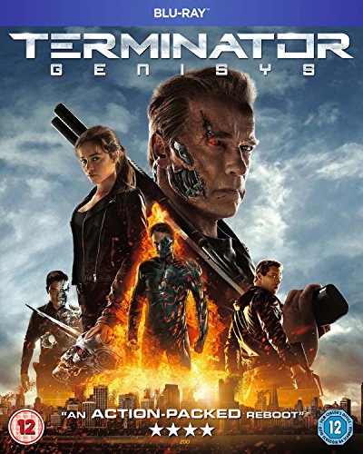 Blu-ray cover art for Terminator Genisys featuring the cast against a fiery city background.