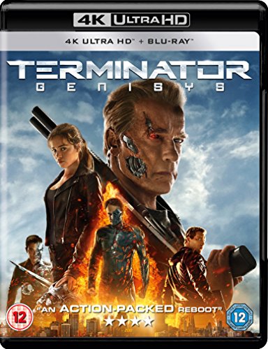Terminator Genisys 4K Ultra HD Blu-ray cover featuring Arnold Schwarzenegger and the film cast.